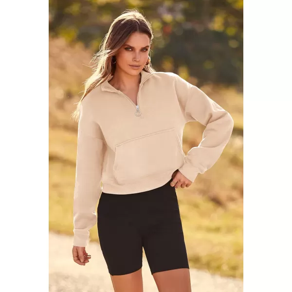 imagePRETTYGARDEN Womens Fall Fashion Zip Up Sweatshirt Casual Long Sleeve Collared Crop Tops Blouse ActivewearBeige
