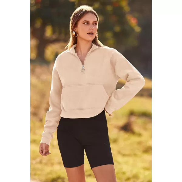 imagePRETTYGARDEN Womens Fall Fashion Zip Up Sweatshirt Casual Long Sleeve Collared Crop Tops Blouse ActivewearBeige