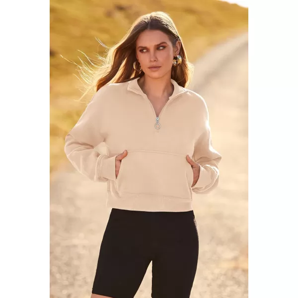 imagePRETTYGARDEN Womens Fall Fashion Zip Up Sweatshirt Casual Long Sleeve Collared Crop Tops Blouse ActivewearBeige