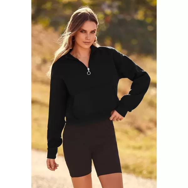 imagePRETTYGARDEN Womens Fall Fashion Zip Up Sweatshirt Casual Long Sleeve Collared Crop Tops Blouse ActivewearBlack