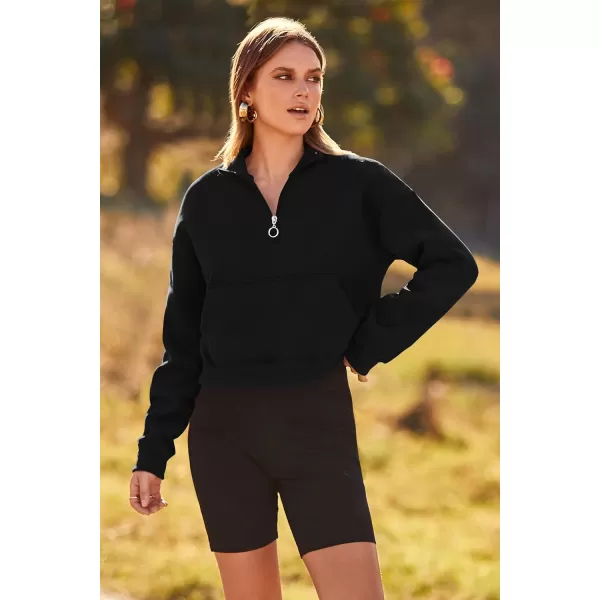 imagePRETTYGARDEN Womens Fall Fashion Zip Up Sweatshirt Casual Long Sleeve Collared Crop Tops Blouse ActivewearBlack