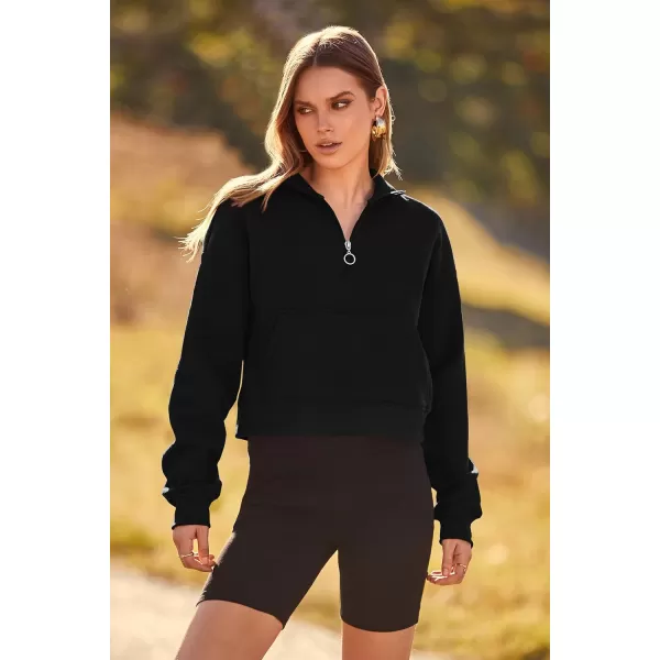imagePRETTYGARDEN Womens Fall Fashion Zip Up Sweatshirt Casual Long Sleeve Collared Crop Tops Blouse ActivewearBlack
