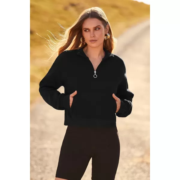 imagePRETTYGARDEN Womens Fall Fashion Zip Up Sweatshirt Casual Long Sleeve Collared Crop Tops Blouse ActivewearBlack