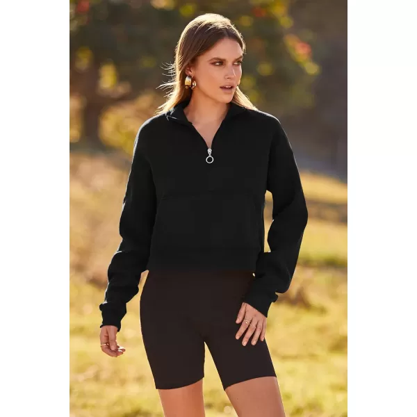 imagePRETTYGARDEN Womens Fall Fashion Zip Up Sweatshirt Casual Long Sleeve Collared Crop Tops Blouse ActivewearBlack