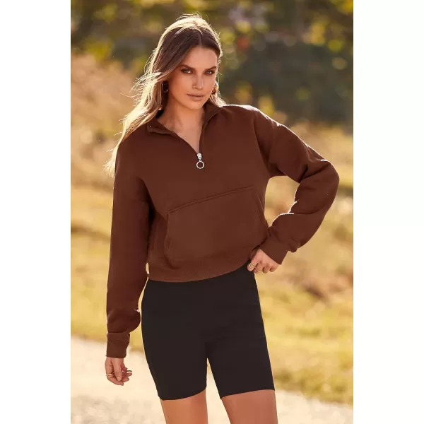 imagePRETTYGARDEN Womens Fall Fashion Zip Up Sweatshirt Casual Long Sleeve Collared Crop Tops Blouse ActivewearCoffee