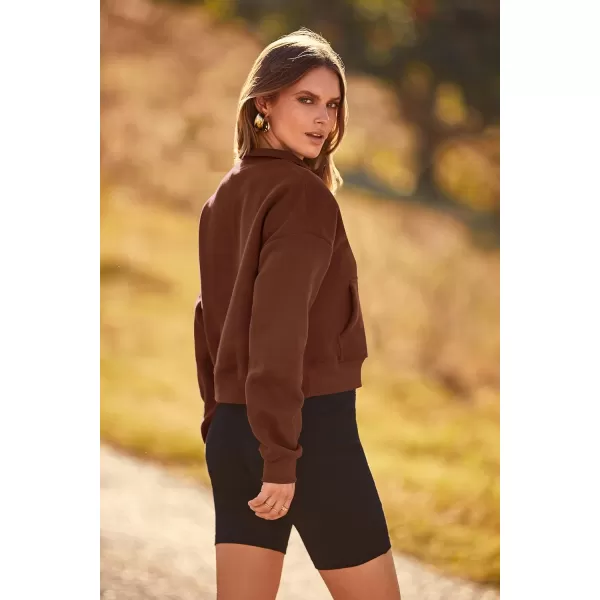 imagePRETTYGARDEN Womens Fall Fashion Zip Up Sweatshirt Casual Long Sleeve Collared Crop Tops Blouse ActivewearCoffee