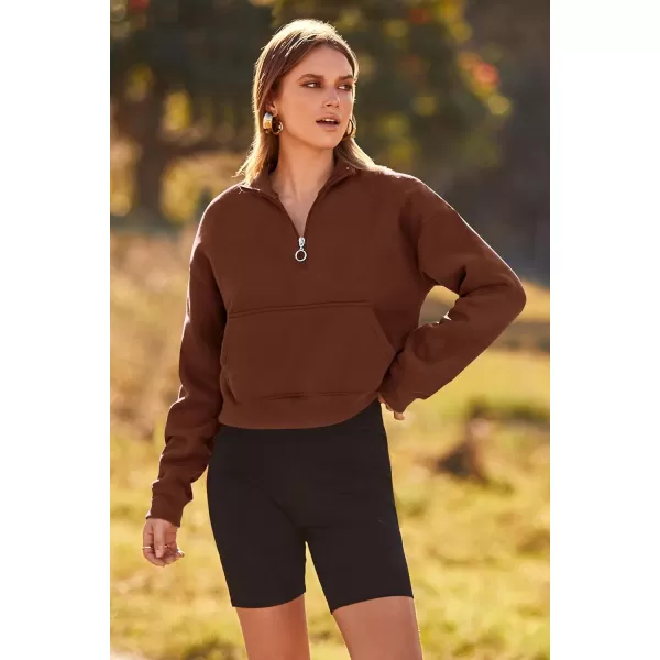 imagePRETTYGARDEN Womens Fall Fashion Zip Up Sweatshirt Casual Long Sleeve Collared Crop Tops Blouse ActivewearCoffee