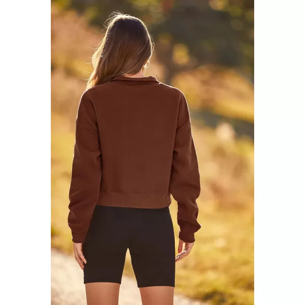 imagePRETTYGARDEN Womens Fall Fashion Zip Up Sweatshirt Casual Long Sleeve Collared Crop Tops Blouse ActivewearCoffee