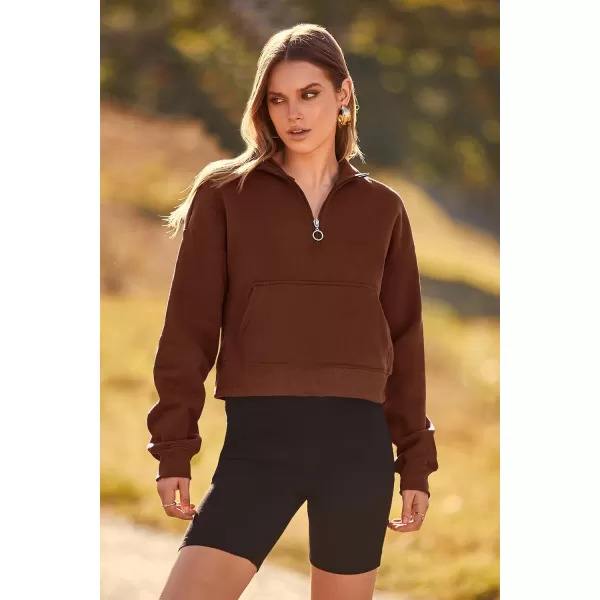 imagePRETTYGARDEN Womens Fall Fashion Zip Up Sweatshirt Casual Long Sleeve Collared Crop Tops Blouse ActivewearCoffee