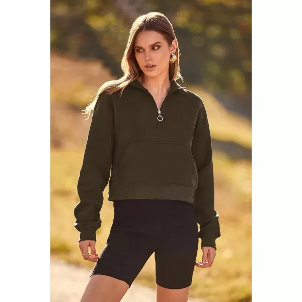 imagePRETTYGARDEN Womens Fall Fashion Zip Up Sweatshirt Casual Long Sleeve Collared Crop Tops Blouse ActivewearDark Army Green