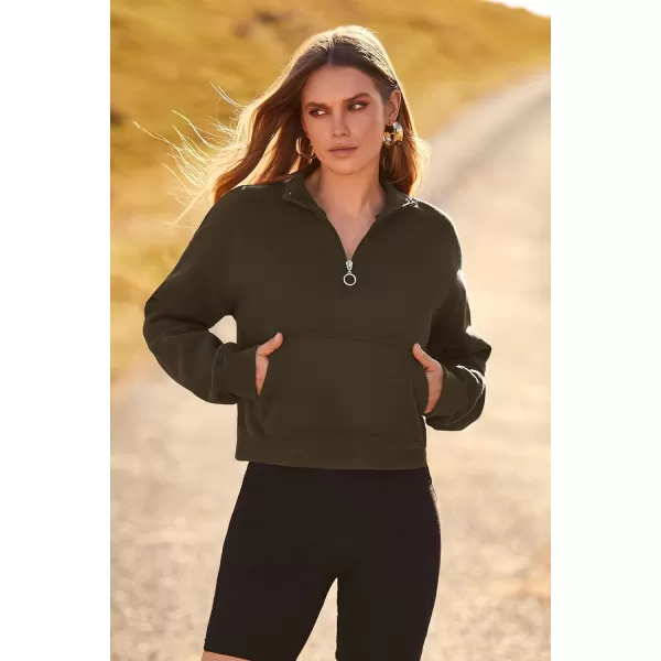 imagePRETTYGARDEN Womens Fall Fashion Zip Up Sweatshirt Casual Long Sleeve Collared Crop Tops Blouse ActivewearDark Army Green