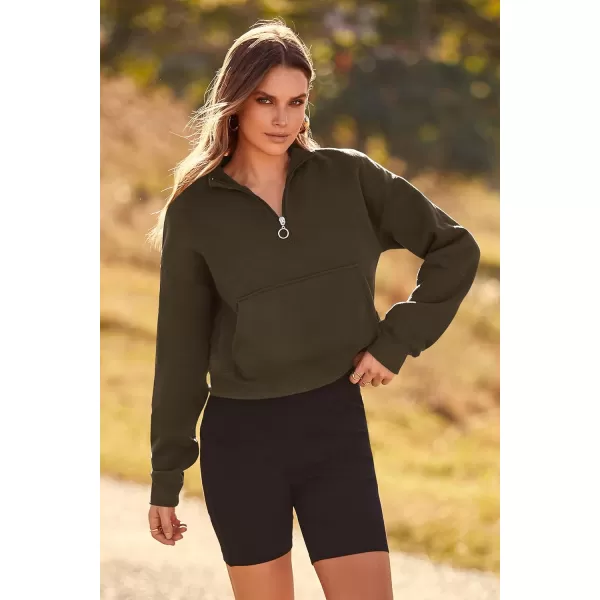 imagePRETTYGARDEN Womens Fall Fashion Zip Up Sweatshirt Casual Long Sleeve Collared Crop Tops Blouse ActivewearDark Army Green