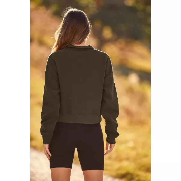 imagePRETTYGARDEN Womens Fall Fashion Zip Up Sweatshirt Casual Long Sleeve Collared Crop Tops Blouse ActivewearDark Army Green