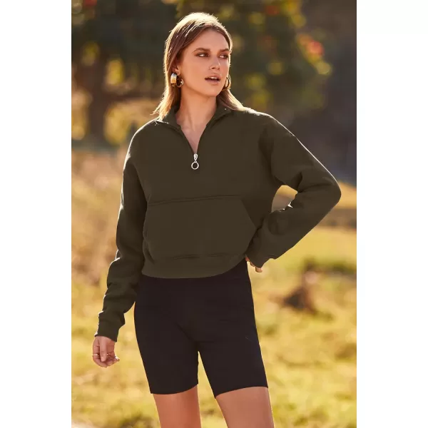 imagePRETTYGARDEN Womens Fall Fashion Zip Up Sweatshirt Casual Long Sleeve Collared Crop Tops Blouse ActivewearDark Army Green