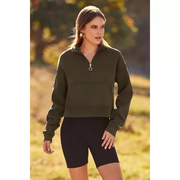imagePRETTYGARDEN Womens Fall Fashion Zip Up Sweatshirt Casual Long Sleeve Collared Crop Tops Blouse ActivewearDark Army Green