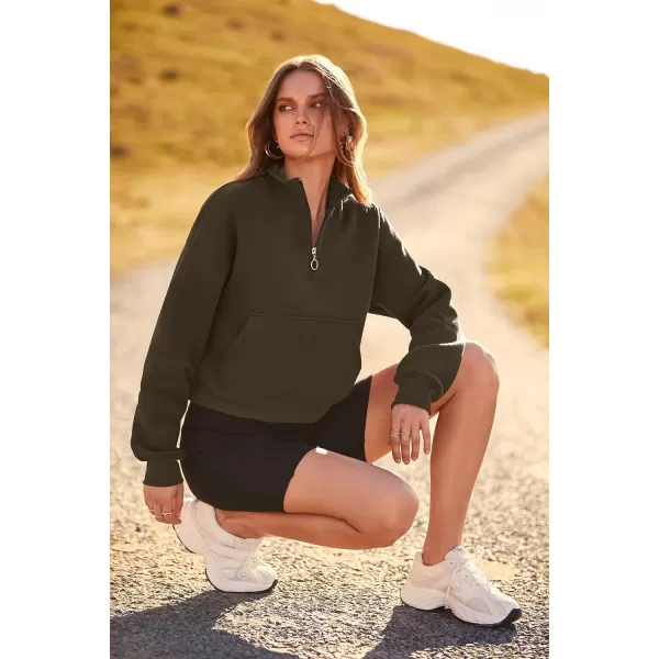 imagePRETTYGARDEN Womens Fall Fashion Zip Up Sweatshirt Casual Long Sleeve Collared Crop Tops Blouse ActivewearDark Army Green