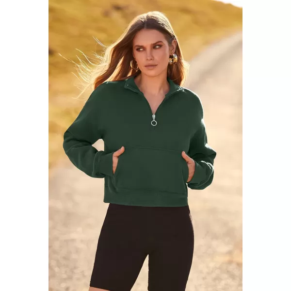 imagePRETTYGARDEN Womens Fall Fashion Zip Up Sweatshirt Casual Long Sleeve Collared Crop Tops Blouse ActivewearDark Green