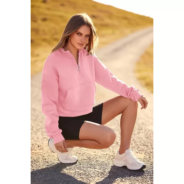 imagePRETTYGARDEN Womens Fall Fashion Zip Up Sweatshirt Casual Long Sleeve Collared Crop Tops Blouse ActivewearPink