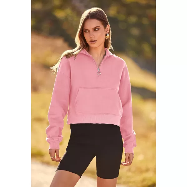 imagePRETTYGARDEN Womens Fall Fashion Zip Up Sweatshirt Casual Long Sleeve Collared Crop Tops Blouse ActivewearPink