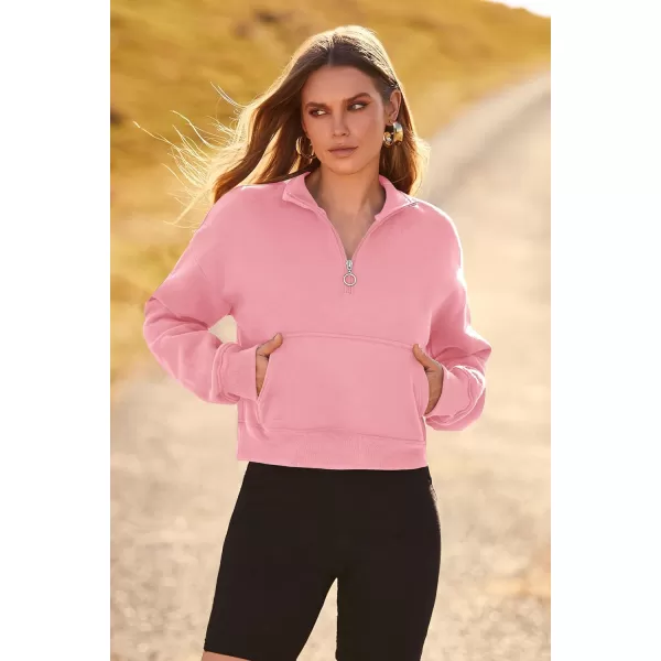 imagePRETTYGARDEN Womens Fall Fashion Zip Up Sweatshirt Casual Long Sleeve Collared Crop Tops Blouse ActivewearPink