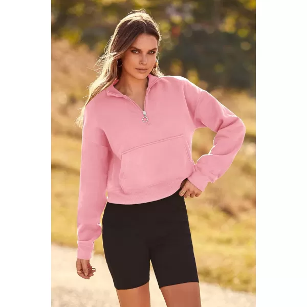 imagePRETTYGARDEN Womens Fall Fashion Zip Up Sweatshirt Casual Long Sleeve Collared Crop Tops Blouse ActivewearPink