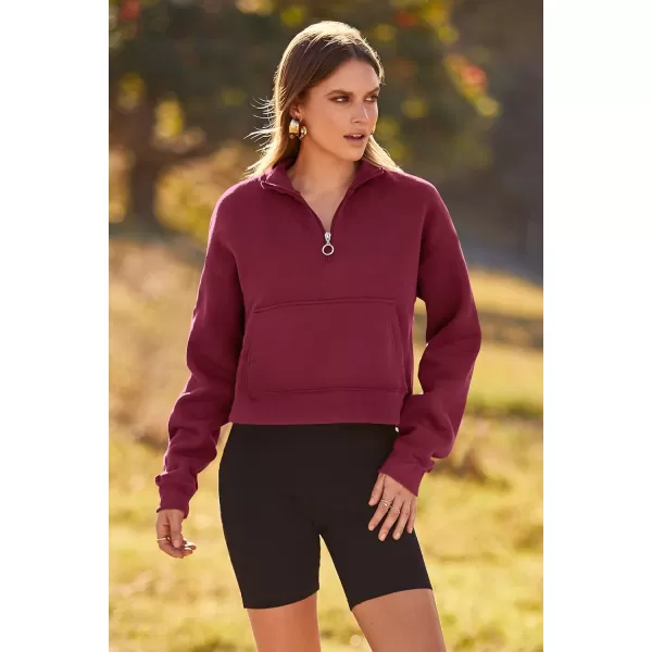 imagePRETTYGARDEN Womens Fall Fashion Zip Up Sweatshirt Casual Long Sleeve Collared Crop Tops Blouse ActivewearWine Red