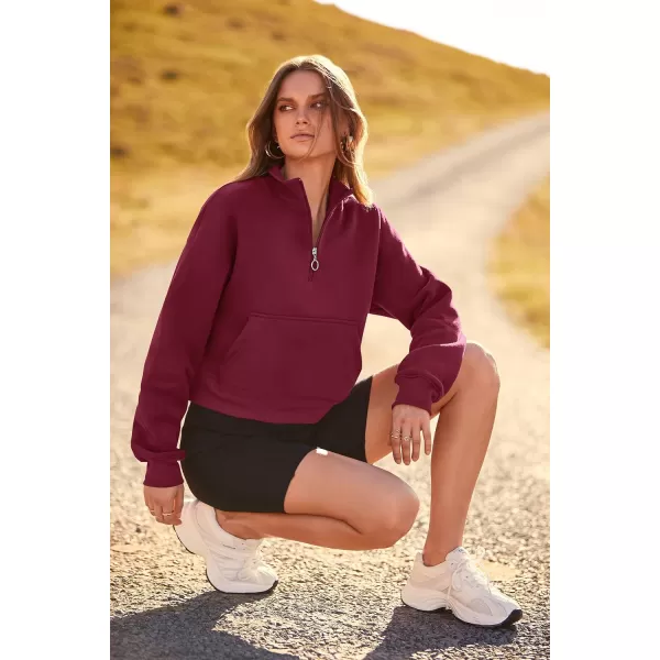 imagePRETTYGARDEN Womens Fall Fashion Zip Up Sweatshirt Casual Long Sleeve Collared Crop Tops Blouse ActivewearWine Red