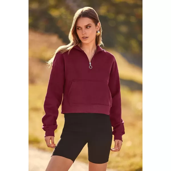 imagePRETTYGARDEN Womens Fall Fashion Zip Up Sweatshirt Casual Long Sleeve Collared Crop Tops Blouse ActivewearWine Red