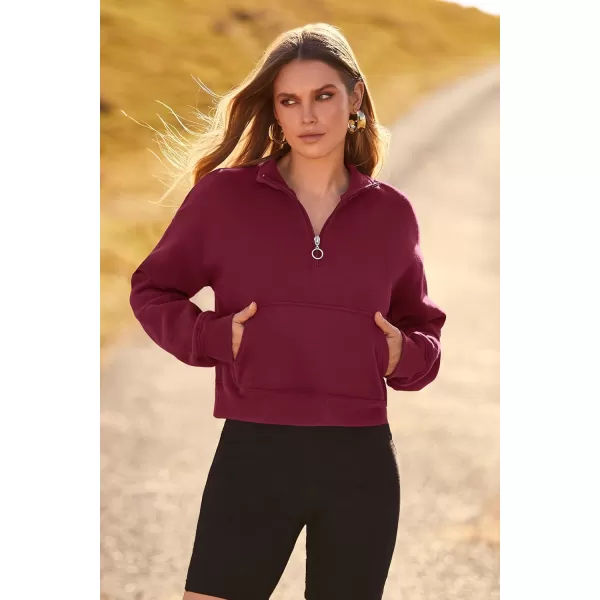 imagePRETTYGARDEN Womens Fall Fashion Zip Up Sweatshirt Casual Long Sleeve Collared Crop Tops Blouse ActivewearWine Red