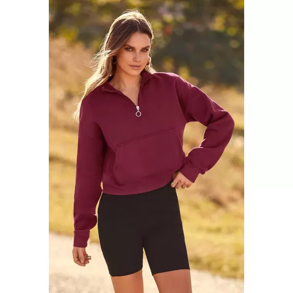 imagePRETTYGARDEN Womens Fall Fashion Zip Up Sweatshirt Casual Long Sleeve Collared Crop Tops Blouse ActivewearWine Red
