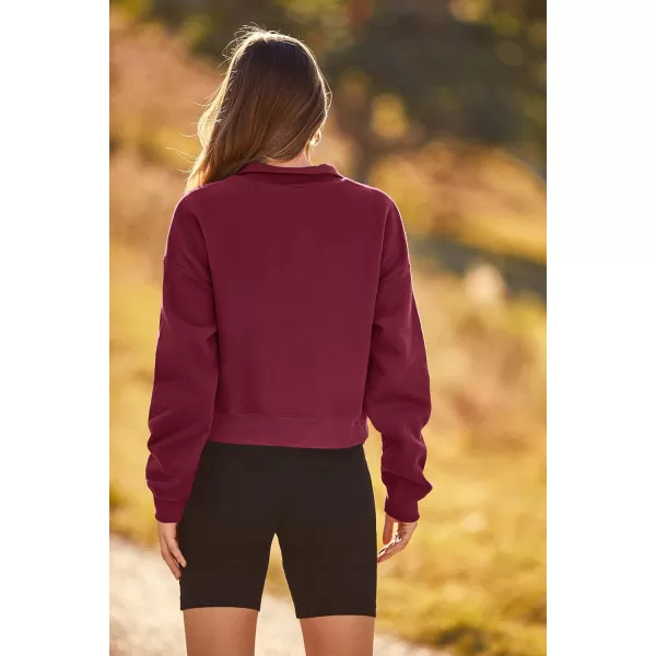 imagePRETTYGARDEN Womens Fall Fashion Zip Up Sweatshirt Casual Long Sleeve Collared Crop Tops Blouse ActivewearWine Red
