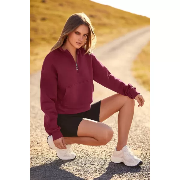imagePRETTYGARDEN Womens Fall Fashion Zip Up Sweatshirt Casual Long Sleeve Collared Crop Tops Blouse ActivewearWine Red