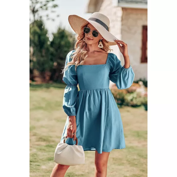 imagePRETTYGARDEN Womens Fall Long Puff Sleeve Babydoll Dress Casual Square Neck Elastic Waist Ruffle A Line Mini DressesBlue