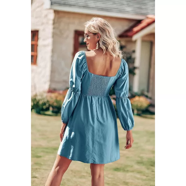imagePRETTYGARDEN Womens Fall Long Puff Sleeve Babydoll Dress Casual Square Neck Elastic Waist Ruffle A Line Mini DressesBlue