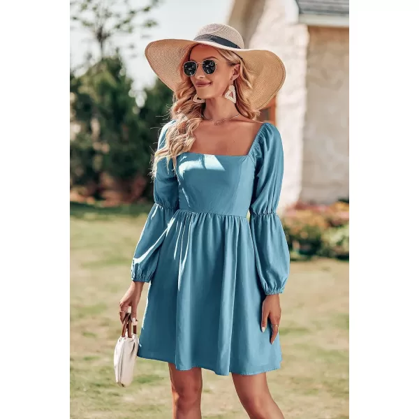 imagePRETTYGARDEN Womens Fall Long Puff Sleeve Babydoll Dress Casual Square Neck Elastic Waist Ruffle A Line Mini DressesBlue