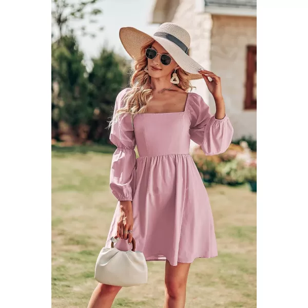 imagePRETTYGARDEN Womens Fall Long Puff Sleeve Babydoll Dress Casual Square Neck Elastic Waist Ruffle A Line Mini DressesPink