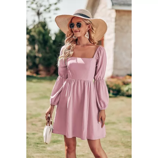 imagePRETTYGARDEN Womens Fall Long Puff Sleeve Babydoll Dress Casual Square Neck Elastic Waist Ruffle A Line Mini DressesPink