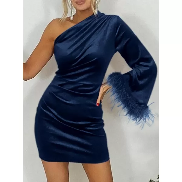 imagePRETTYGARDEN Womens Fall Long Sleeve Velvet Dress One Shoulder Mini Bodycon Wedding Guest Party DressesNavy