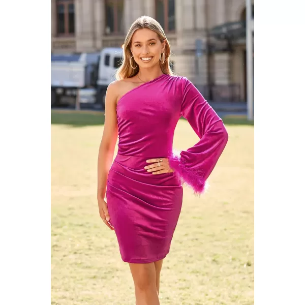 imagePRETTYGARDEN Womens Fall Long Sleeve Velvet Dress One Shoulder Mini Bodycon Wedding Guest Party DressesRose Red