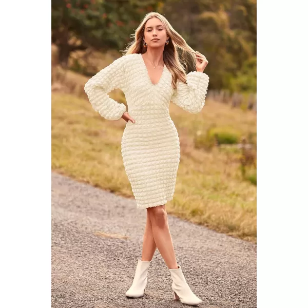imagePRETTYGARDEN Womens Fall Mini Bodycon Dress Long Puff Sleeve V Neck Fitted Party Club DressesBeige