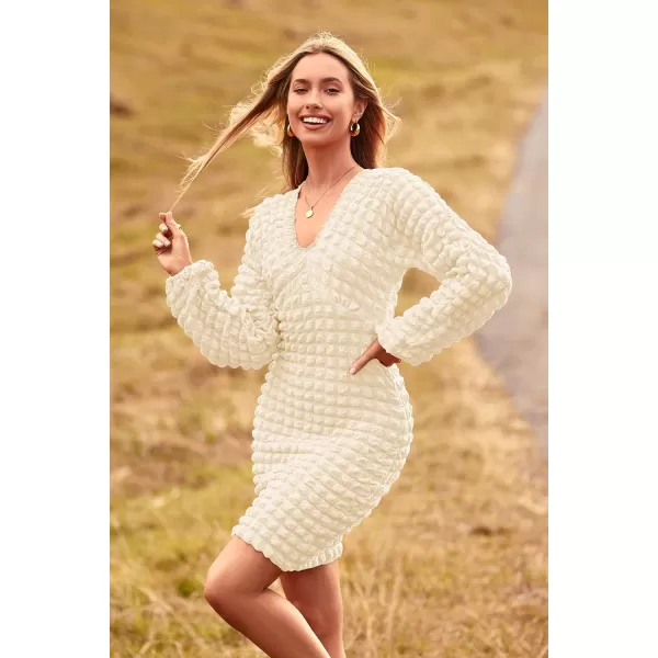imagePRETTYGARDEN Womens Fall Mini Bodycon Dress Long Puff Sleeve V Neck Fitted Party Club DressesBeige