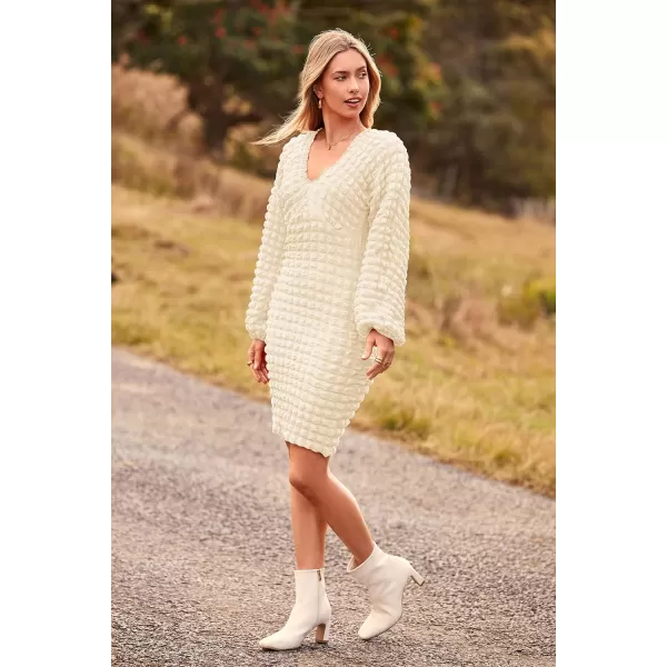 imagePRETTYGARDEN Womens Fall Mini Bodycon Dress Long Puff Sleeve V Neck Fitted Party Club DressesBeige