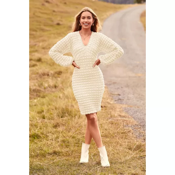 imagePRETTYGARDEN Womens Fall Mini Bodycon Dress Long Puff Sleeve V Neck Fitted Party Club DressesBeige