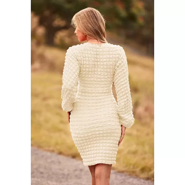imagePRETTYGARDEN Womens Fall Mini Bodycon Dress Long Puff Sleeve V Neck Fitted Party Club DressesBeige