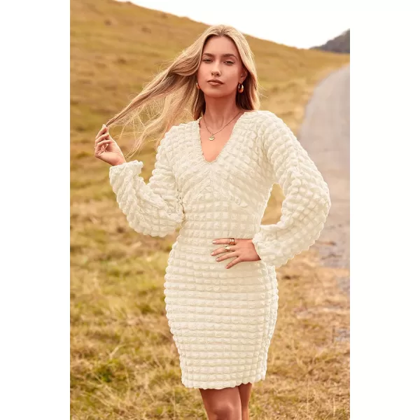 imagePRETTYGARDEN Womens Fall Mini Bodycon Dress Long Puff Sleeve V Neck Fitted Party Club DressesBeige