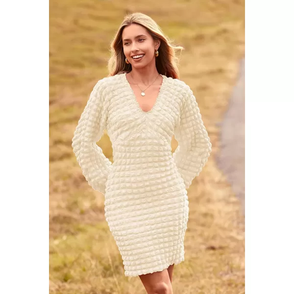 imagePRETTYGARDEN Womens Fall Mini Bodycon Dress Long Puff Sleeve V Neck Fitted Party Club DressesBeige