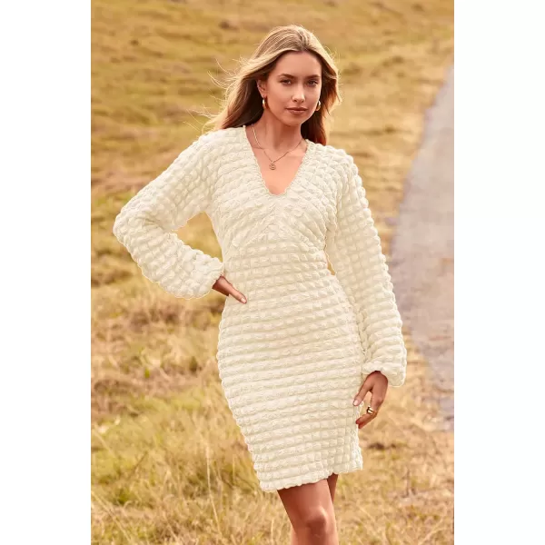 imagePRETTYGARDEN Womens Fall Mini Bodycon Dress Long Puff Sleeve V Neck Fitted Party Club DressesBeige