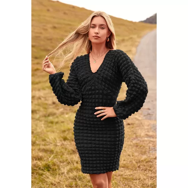 imagePRETTYGARDEN Womens Fall Mini Bodycon Dress Long Puff Sleeve V Neck Fitted Party Club DressesBlack