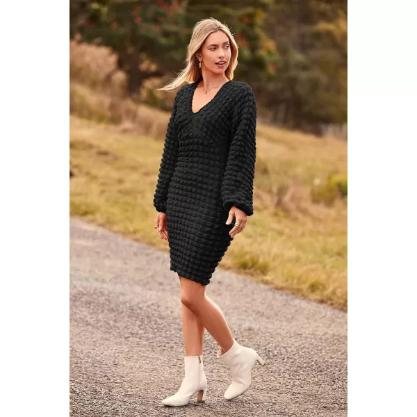 imagePRETTYGARDEN Womens Fall Mini Bodycon Dress Long Puff Sleeve V Neck Fitted Party Club DressesBlack