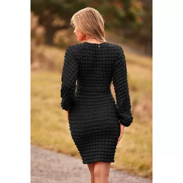imagePRETTYGARDEN Womens Fall Mini Bodycon Dress Long Puff Sleeve V Neck Fitted Party Club DressesBlack